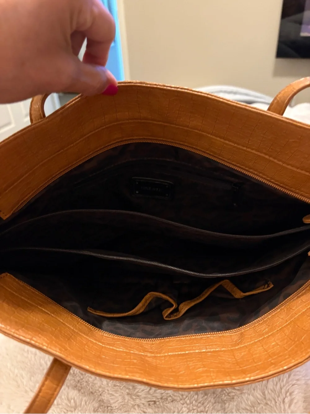 Nine West Cognac Leather Tote with Front Zip Pocket